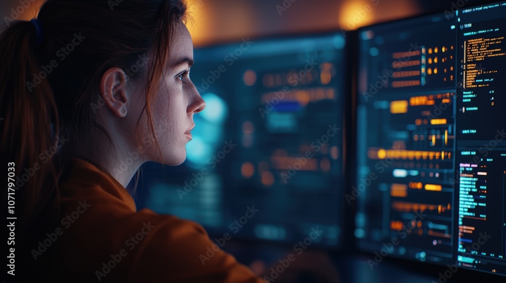 Poster woman data analyst working on computer screens in dark lab