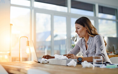 Sick, laptop and businesswoman with tissue box, allergy or flu illness at work with disease. Flare,...