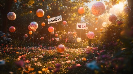 A field of flowers with balloons and signs saying "Goodbye" and "2024" floating in the air at sunset.