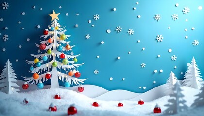 Obraz premium Winter Christmas and New year composition in paper cut style, created by children, kids. Hand made effect. Blue and white colors. Christmas tree, snowflakes, snow, berries.