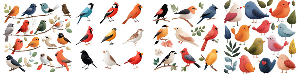 Colorful birds perched on branches, white isolate background