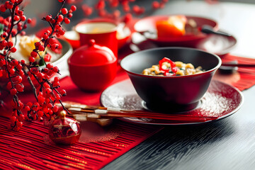 A Chinese New Year dinner table setting features traditional dishes and vibrant red decorations, perfect for a festive and family-oriented celebration.