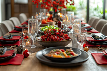 A Chinese New Year dinner table setting features traditional dishes and vibrant red decorations, perfect for a festive and family-oriented celebration.