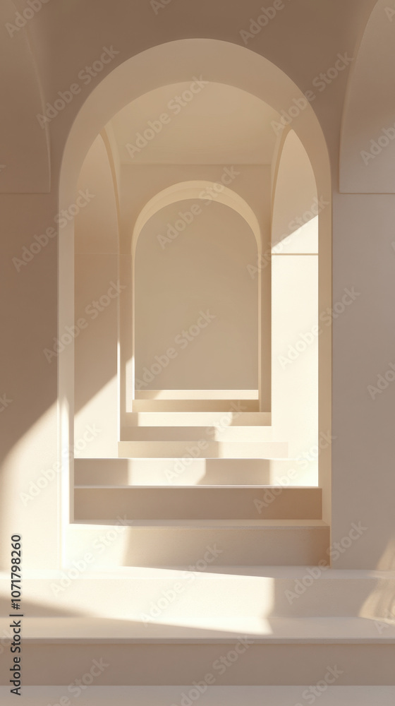 Poster a serene, minimalist corridor with arched openings, featuring soft lighting and neutral tones, creat