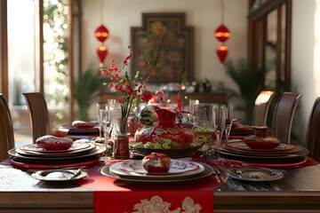 A Chinese New Year dinner table setting features traditional dishes and vibrant red decorations, perfect for a festive and family-oriented celebration.