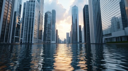 Fototapeta premium Futuristic Cityscape with Skyscrapers Reflected in Water at Sunset