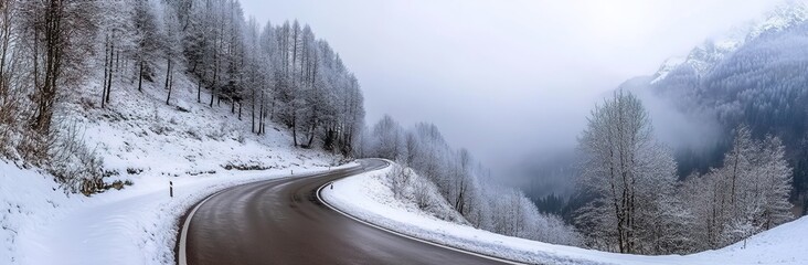 
A panoramic view of an empty, winding road in the Alps in winter, with snow covering everything.