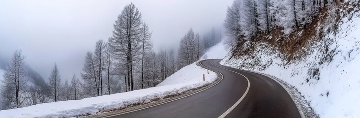 Obraz premium A panoramic view of an empty, winding road in the Alps in winter, with snow covering everything.