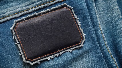 Frayed black leather patch on denim, showcasing rugged style and texture