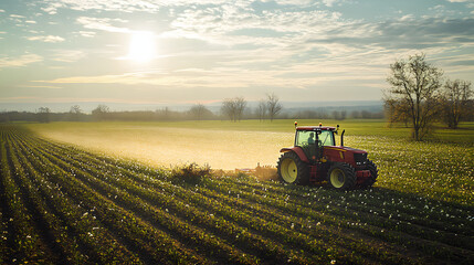 Obraz premium Tractor cultivating field at spring