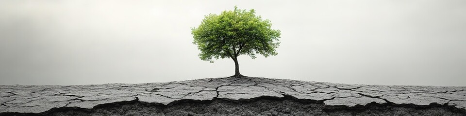 Obraz premium Single green tree in cracked landscape under cloudy sky