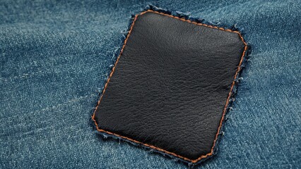 Black leather tag with frayed denim edges, ideal for vintage branding