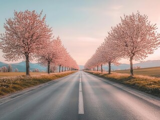 cherry blossom trees in full bloom lining a serene road during dawn, delicate pink flowers contrasting with a clear blue sky, capturing the essence of spring beauty