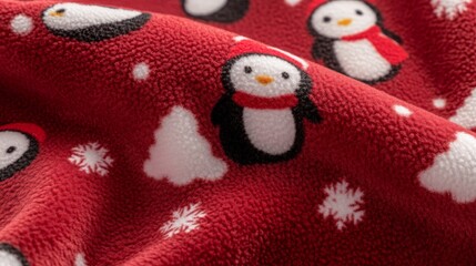 Obraz premium Cozy red fleece blanket with white snowflakes playful penguin print, perfect for winter warmth holiday cheer.