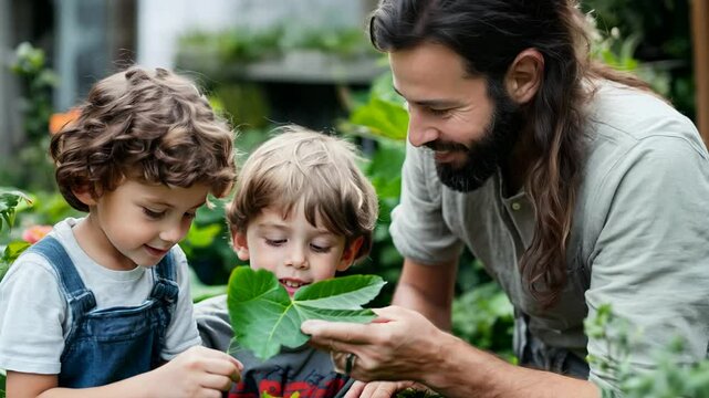 A father and his two young sons engage in a delightful exploration of plant leaves inside a vibrant greenhouse, discovering the wonders of nature and bonding as they learn together.
