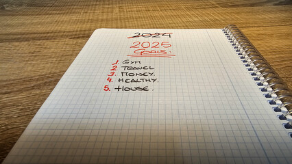 Notebook with the new objectives for the new year 2025 and with 2024 crossed out.