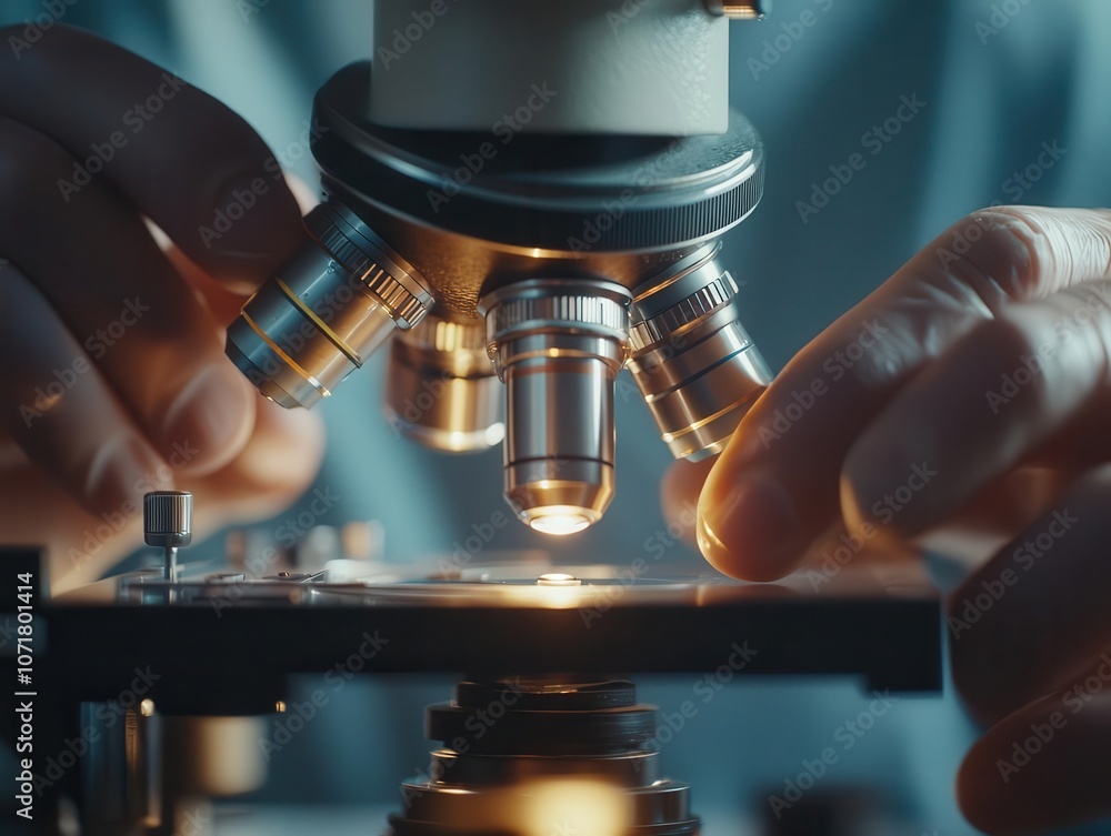 Poster close-up of a scientist's hands skillfully manipulating a microscope, highlighting the intricate nat