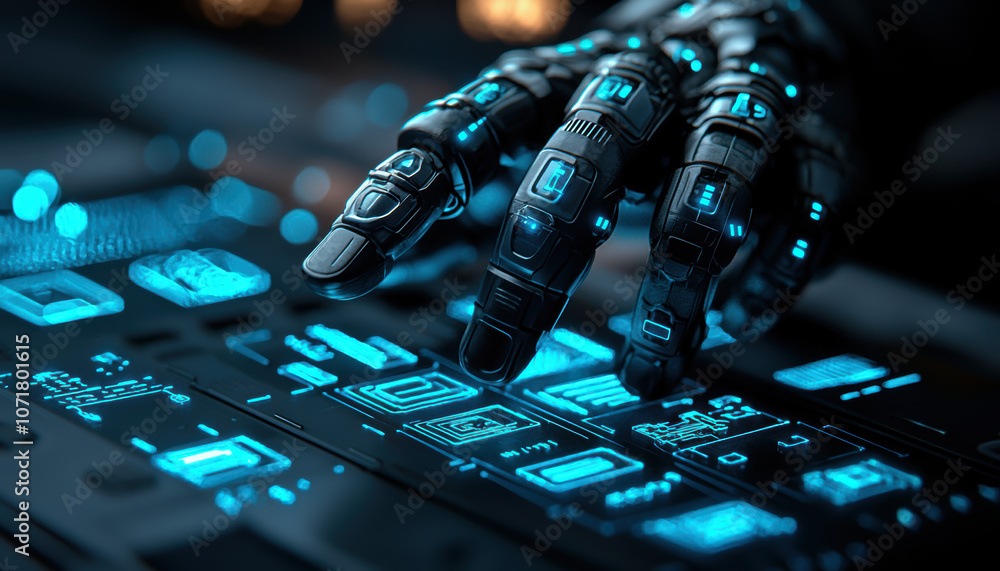 Aufkleber a futuristic robotic hand interfaces with a high-tech control panel illuminated by blue lights.
