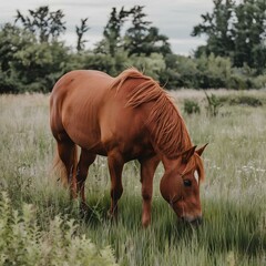 A horse grazing on lush green grass in a serene field under a clear blue sky