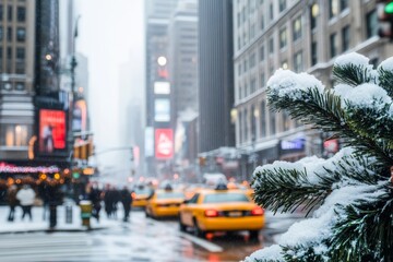 Snowcovered city street with parked cars, bare trees, people in winter coats, under soft gray sky.