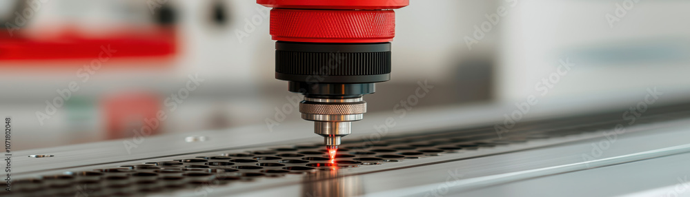 Poster a close-up of a laser cutting tool hovering above a metal surface, illustrating precision engineerin
