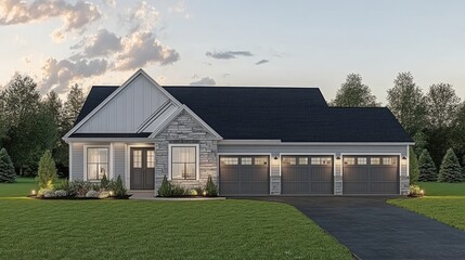 Obraz premium Modern Single-Story Home with Garage and Lawn