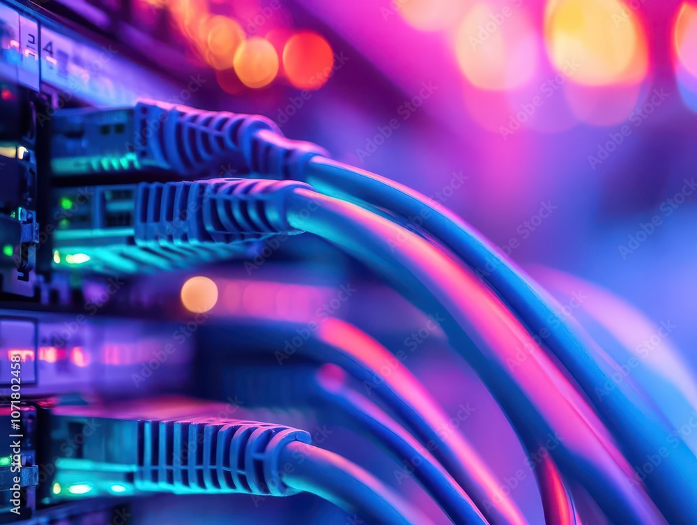 Poster close-up of vibrant network cables connected to a high-tech server, showcasing the intricacies of te