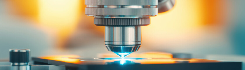 A close-up view of a microscope lens focused on a sample, showcasing detailed optics and advanced scientific equipment in a laboratory setting.