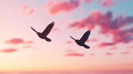 Fototapeta premium Silhouettes of Two Birds Flying Against a Sunset Sky