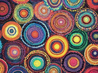 Fototapeta premium colorful aboriginal dotwork background featuring vibrant circles in a harmonious arrangement, evoking cultural significance and artistic expression in a lively composition