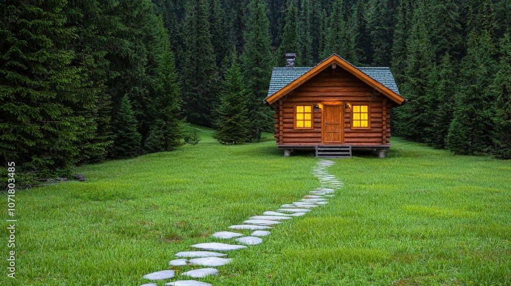 Poster illuminated log cabin in forest with stone path at dusk