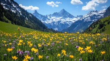 A vibrant meadow filled with wildflowers, framed by majestic snow-capped mountains.