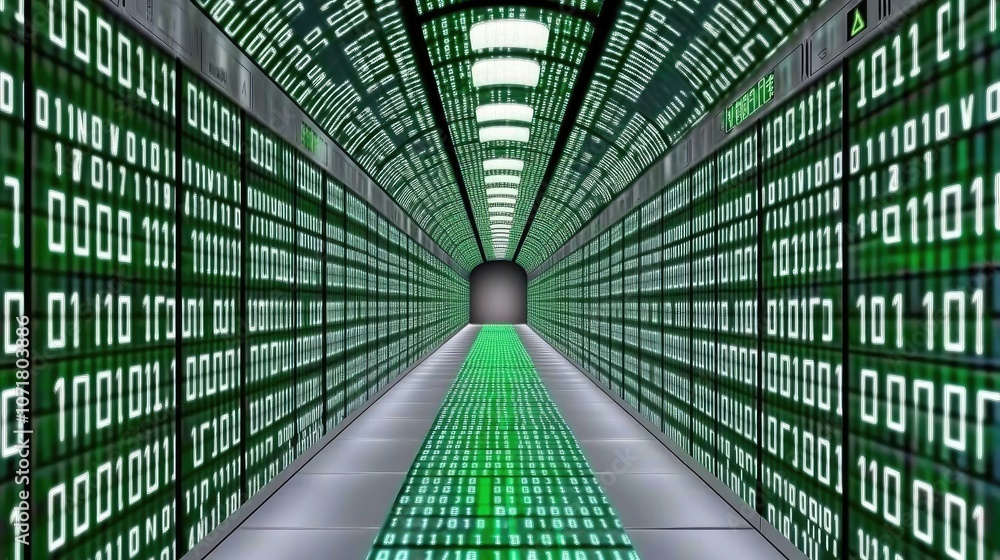 Poster digital data tunnel with green binary codes