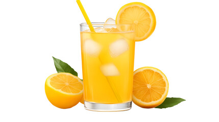 Fototapeta premium Refreshing Lemonade Drink with Ice Cubes in a Glass Surrounded by Fresh Sliced Lemons and Green Leaves on a White Background