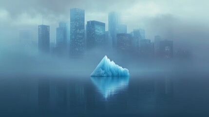 A solitary iceberg floats in a misty cityscape, representing isolation, resilience, and the fragility of nature amidst urban growth.