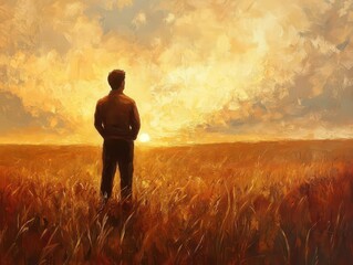 Fototapeta premium confident male figure gazing out over a vast skyline from a grassy meadow under a golden sunset, embodying a sense of freedom and achievement, with warm tones painting the serene landscape