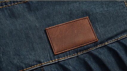 Brown leather patch on blue denim, showcasing rugged style and texture