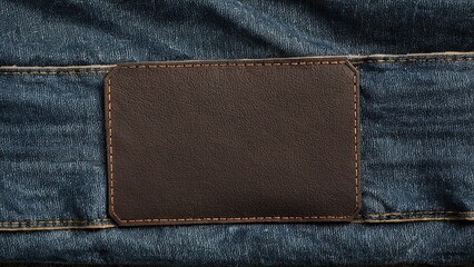 Close-up of brown leather label on dark blue jeans, ideal for branding