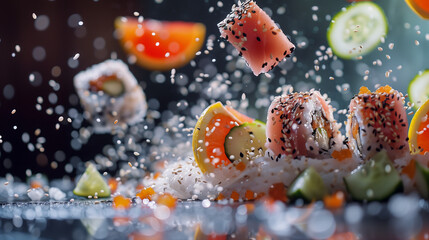 Explosion of Sushi Ingredients with Sashimi and Rice