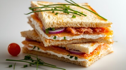 An assortment of sandwiches, each cut into perfect triangles and arranged on top of one another to form the shape. This a visually appealing scene that suggests freshness and healthiness.