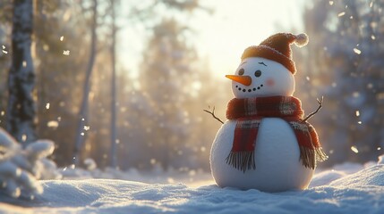 Obraz premium Cheerful snowman with red scarf and hat enjoying a beautiful snowy winter day in a sunlit forest clearing