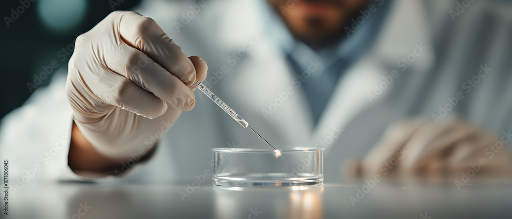 Poster a scientist in a lab coat uses a pipette to transfer liquid into a petri dish, demonstrating precisi