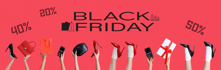 Many hands with shoes, bags and credit card machine on red background