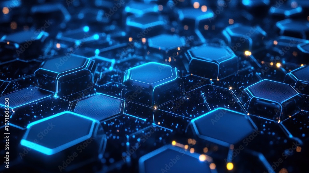 Poster a close-up view of interconnected hexagonal shapes with glowing elements, suggesting a digital theme