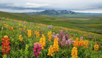 Fototapeta premium A vibrant field of wildflowers in various colors, set against a dramatic mountainous backdrop under a cloudy sky.