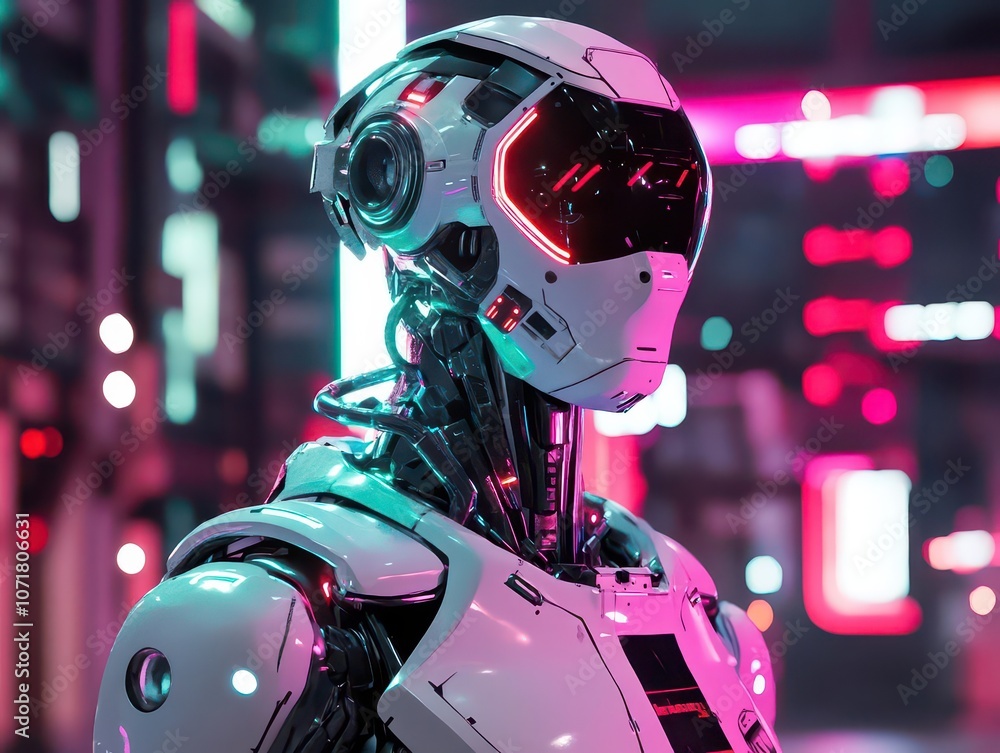 Poster cyberpunk android character with neon accents and intricate mechanical details, set in a futuristic 
