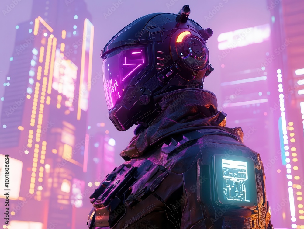 Poster cyberpunk android character with neon accents and intricate mechanical details, set in a futuristic 
