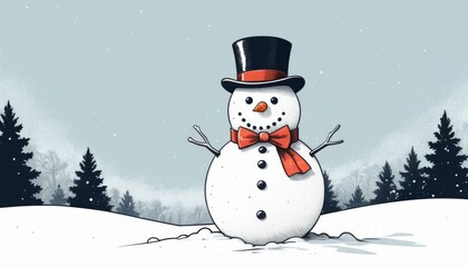 Fototapeta premium Classic snowman with a top hat and red bow tie, festive mood, in a snowy forest setting