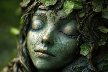 Mother nature resting peacefully with closed eyes and ivy leaves on her face and hair