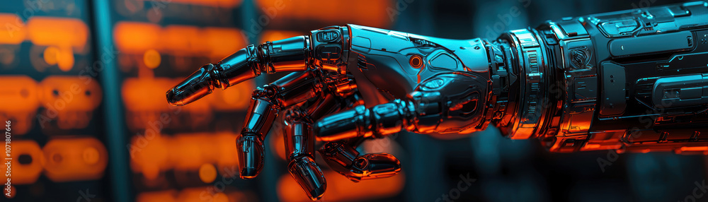 Poster a metallic robotic hand reaches towards an illuminated interface, blending futuristic elements with 